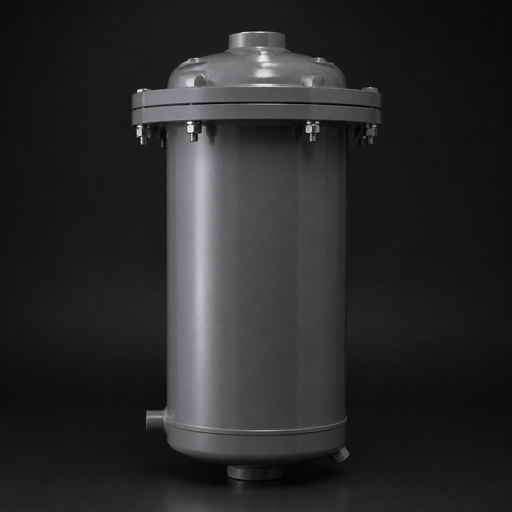 RF-H-433 aluminium vacuum pump exhaust filter housing with integral back-pressure gauge | R+F FilterElements