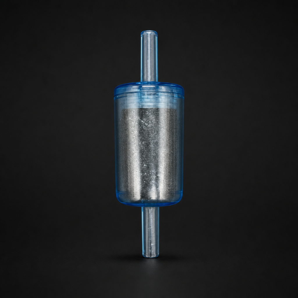 RF-DIA disposable in-line adsorber transparent blue body with activated carbon fill for trace vapour removal | R+F FilterElements