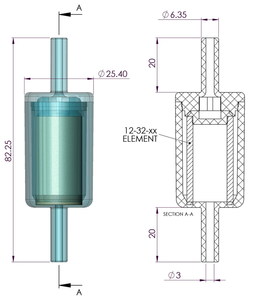 Dimensions and flow path: inlet into the inside of the element