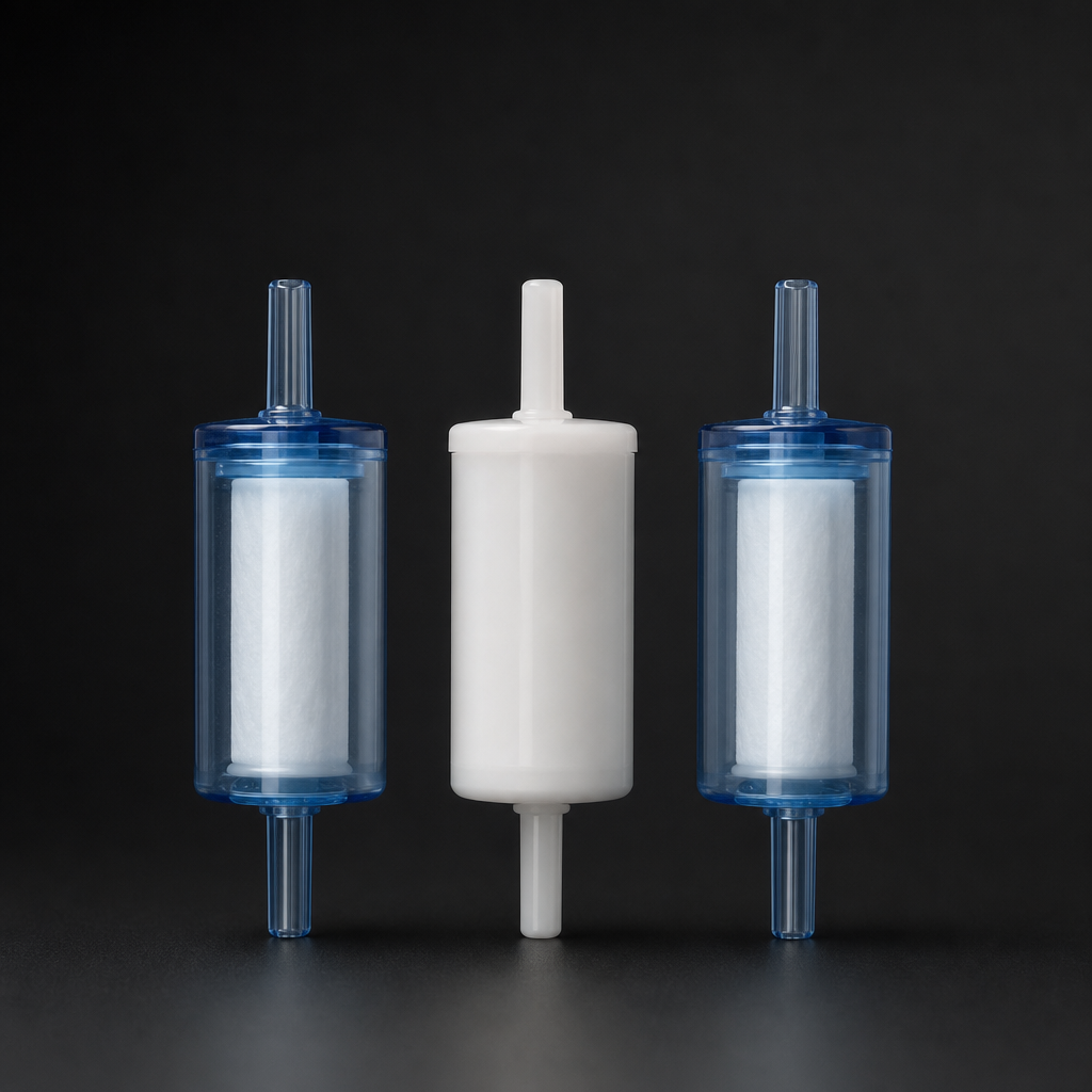 RF-DIF disposable in-line filter transparent polycarbonate body with hose barb connections for analyser protection | R+F FilterElements