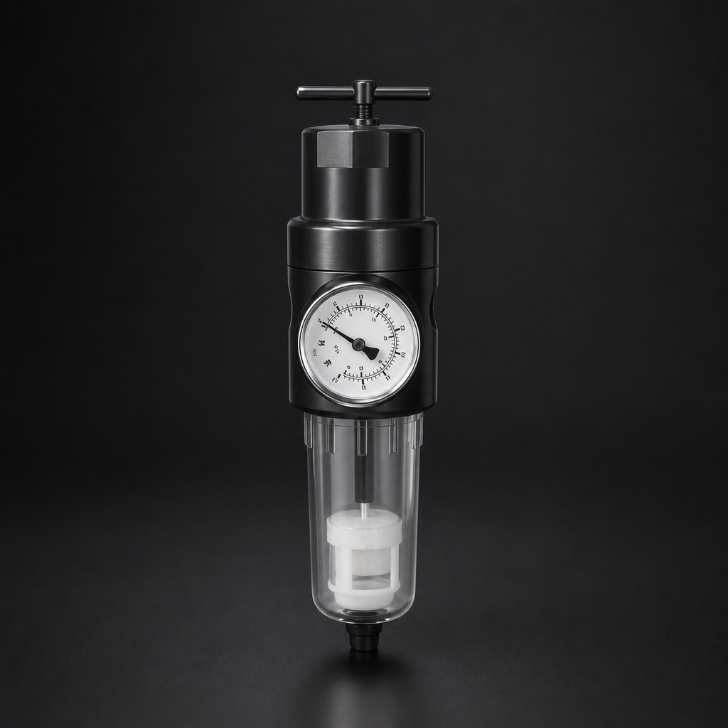 RF-FR-365F filter regulator with polycarbonate bowl pressure gauge and float drain for compressed air | R+F FilterElements