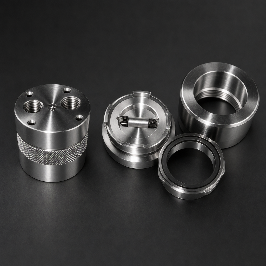 RF-M-GMS100 compact PTFE membrane separator in stainless steel — disassembled showing membrane element | R+F FilterElements