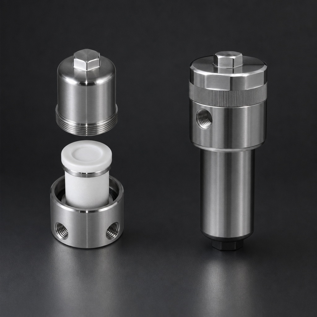 RF-M-GMS170 three-port fast-loop membrane separator and RF-M-GMS122 with integral drain — stainless steel housings | R+F FilterElements