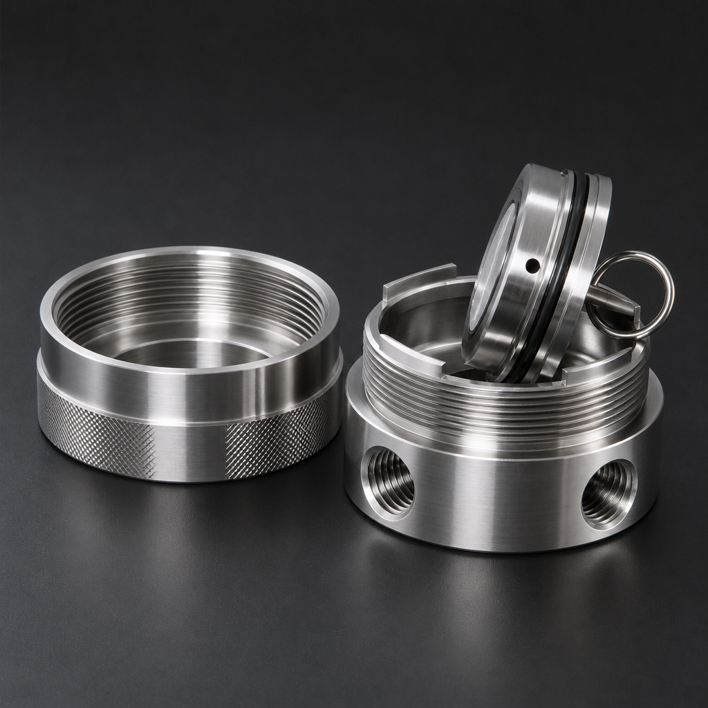 RF-M-GMS205 high-flow membrane separator with ½″ NPT ports — stainless steel housing disassembled view | R+F FilterElements